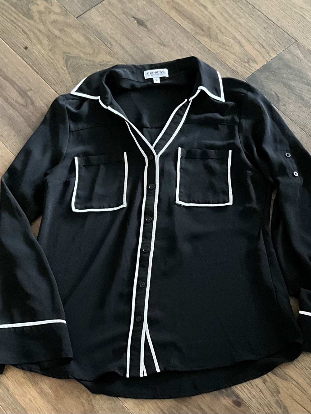 Express Black Button-Down Shirt with White Piping